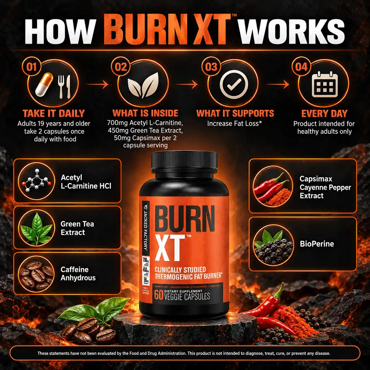Burn XT listing panel showing the daily direction, the three headline amounts and the five named ingredients