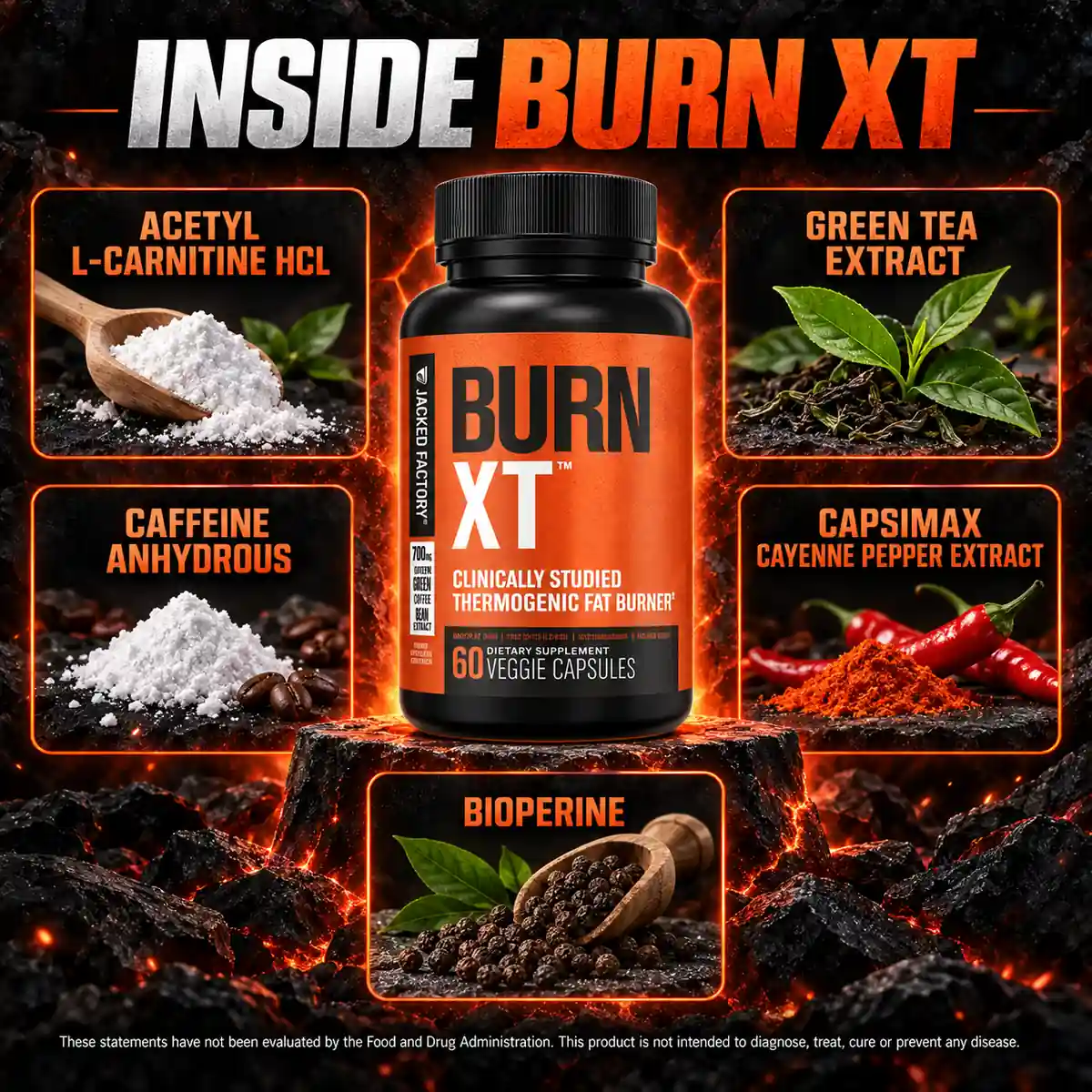 Burn XT ingredients panel naming acetyl L-carnitine, green tea extract, caffeine anhydrous, Capsimax cayenne pepper extract and BioPerine