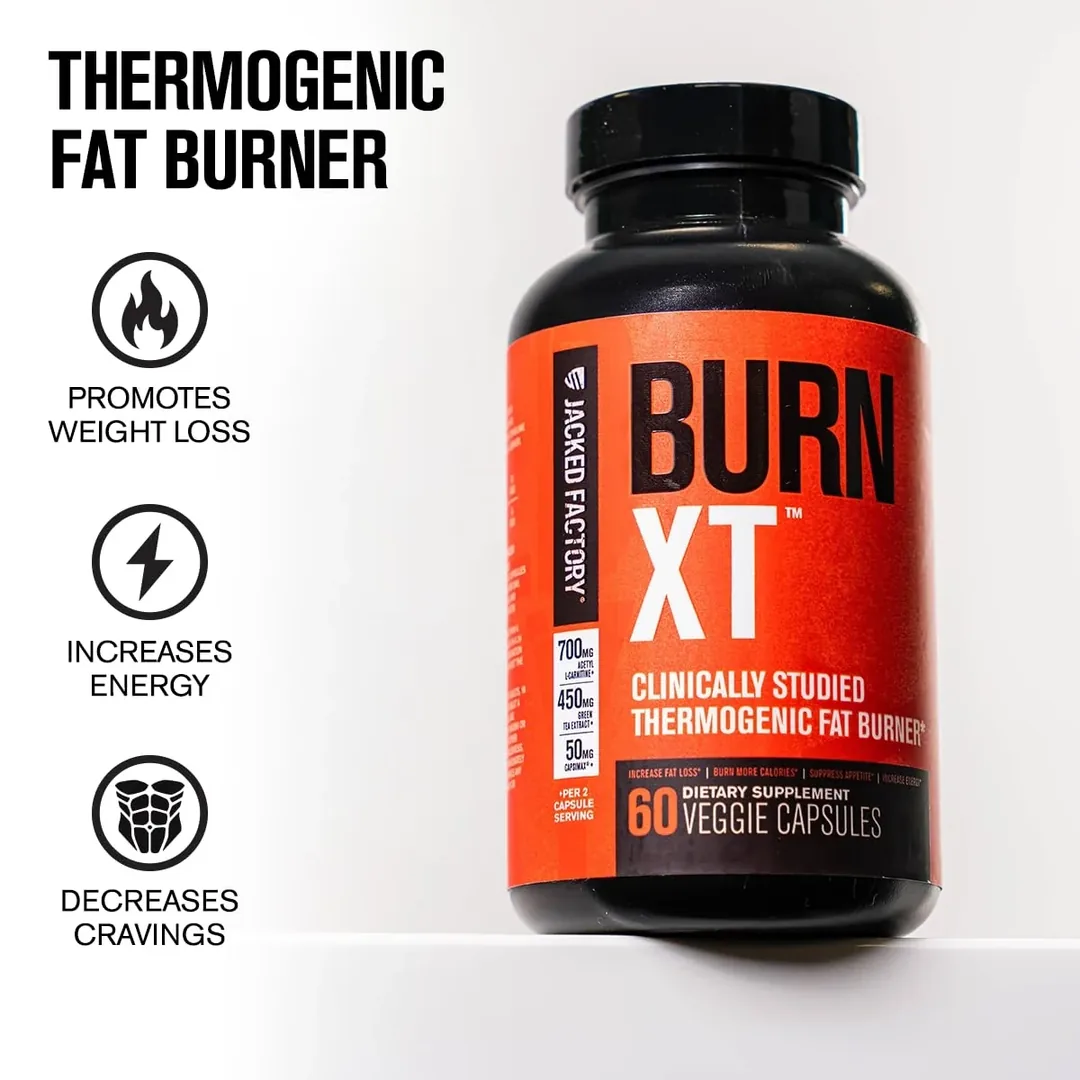 Burn XT marketing artwork with three claim icons beside an angled bottle