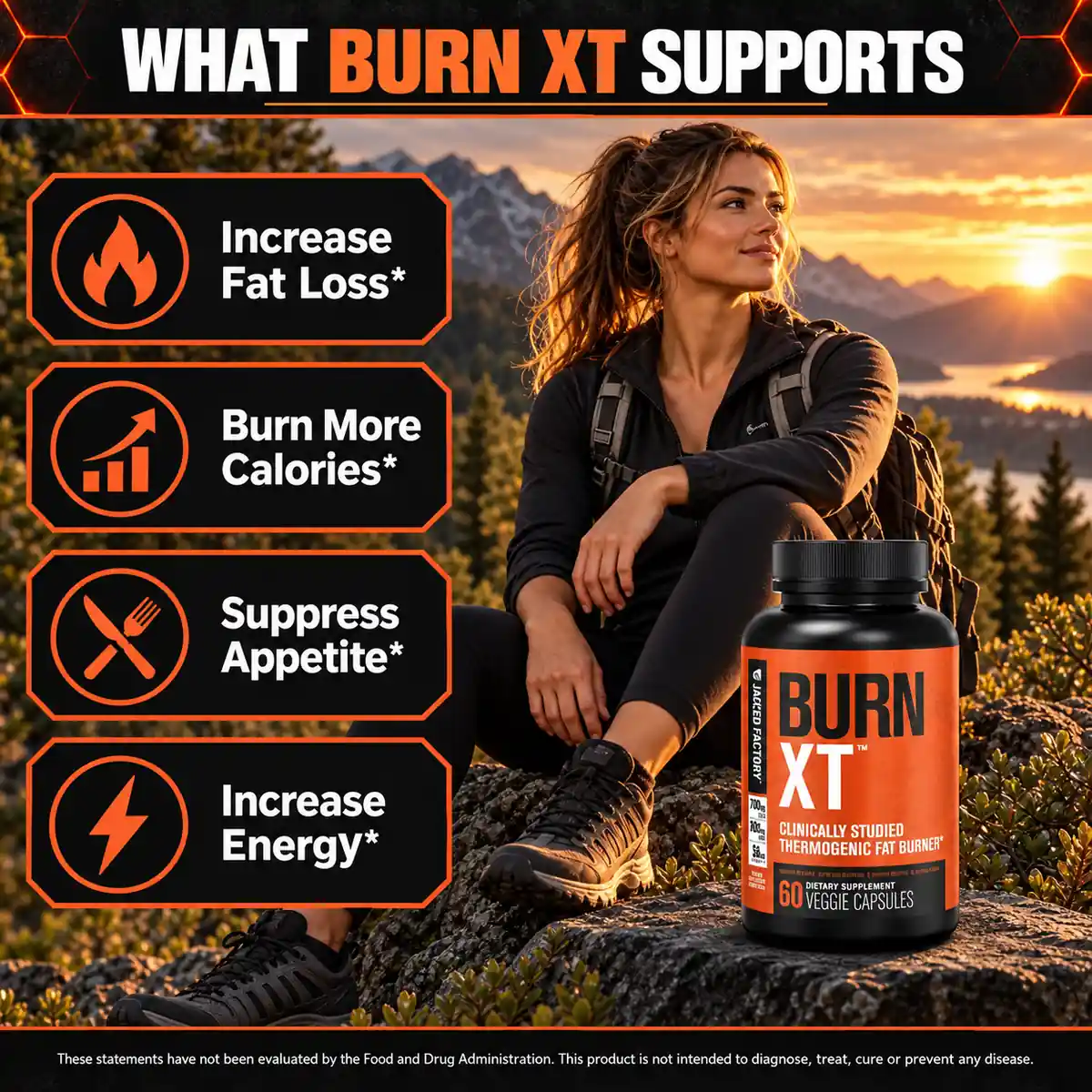 Burn XT listing artwork showing the four structure and function statements printed on the label