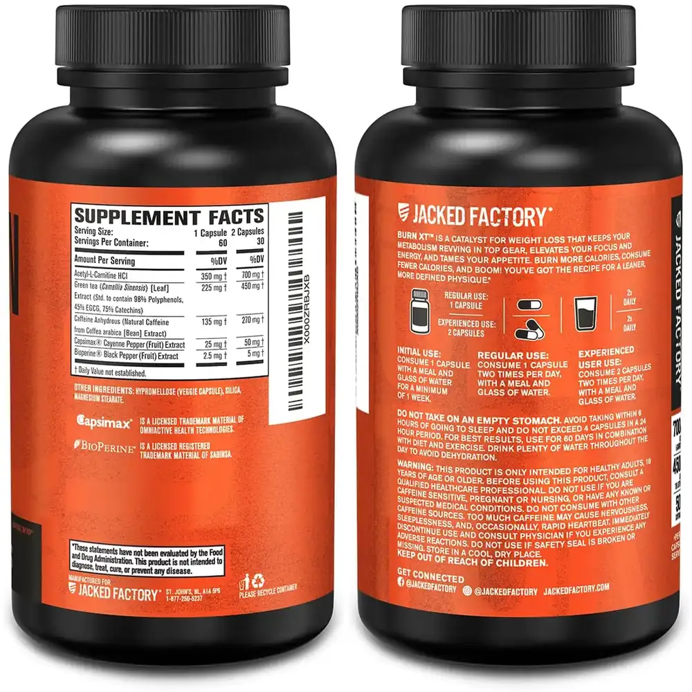 Burn XT Supplement Facts panel and back label photographed on the bottle